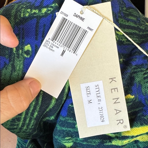 KENAR Blue Green Silk Blend Daphne Knit Top Size M Multicolor Print Short Sleeve - Picture 8 of 10